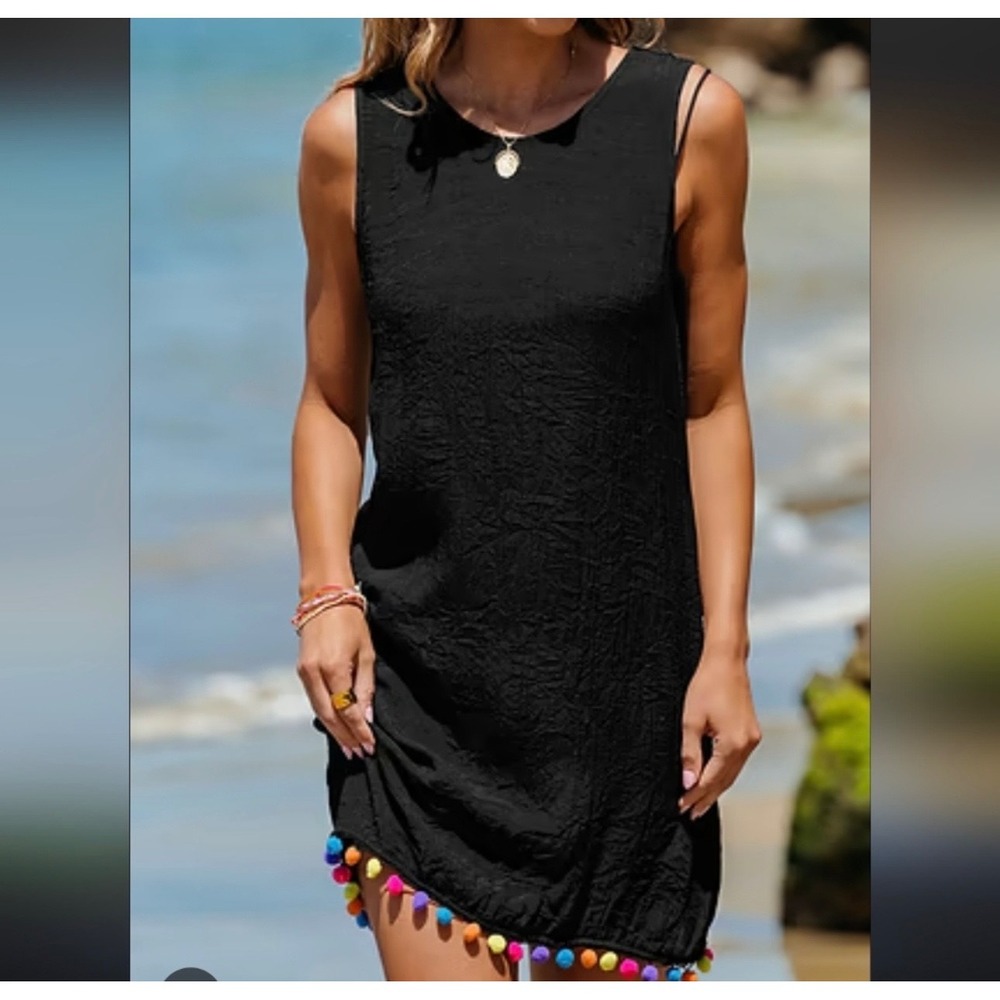 CUPSHE Black Pom Pom‎ Trim Beach Cover Up Dress Open Back Small